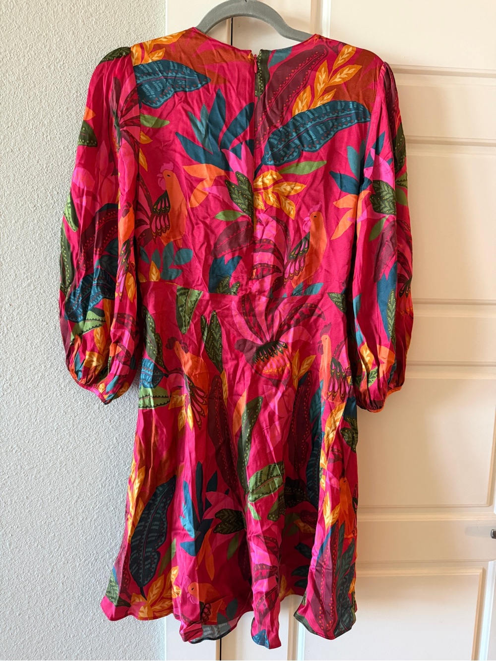 Farm Rio Red Rooster Leaves Long Sleeve Mini Dress size Medium - Picture 5 of 8